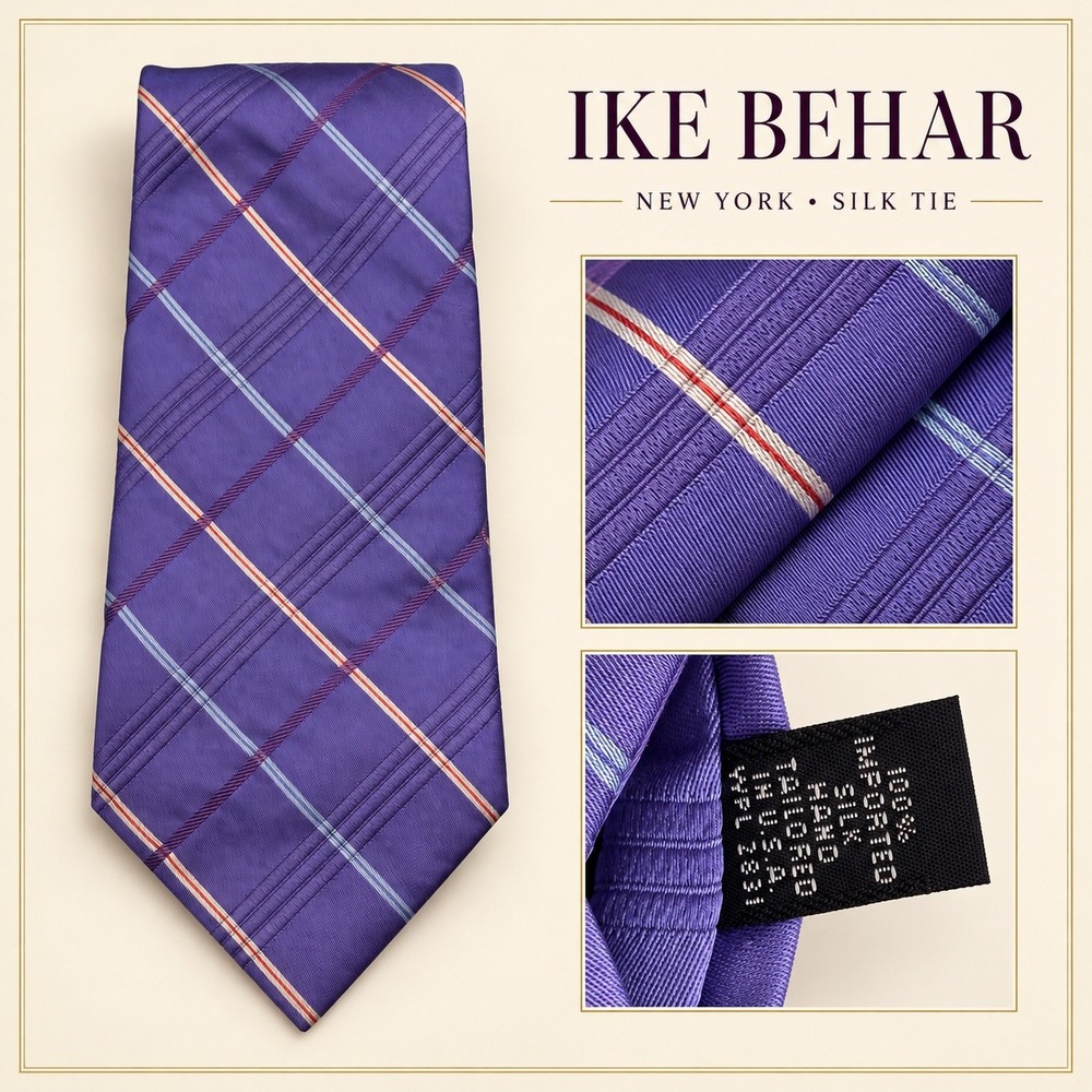 Ike Behar Mens Purple Plaid Silk Tie Hand Tailored USA WPL 2831